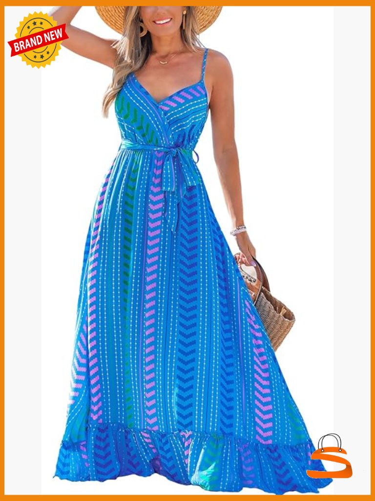 Sleeveless V-Neck Boho Maxi Dress With Belted Waist & Pockets